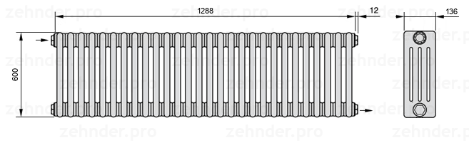 Схема (чертеж) Радиатор Zehnder Charleston 4060/28 №1670 Белый глянцевый RAL 9016